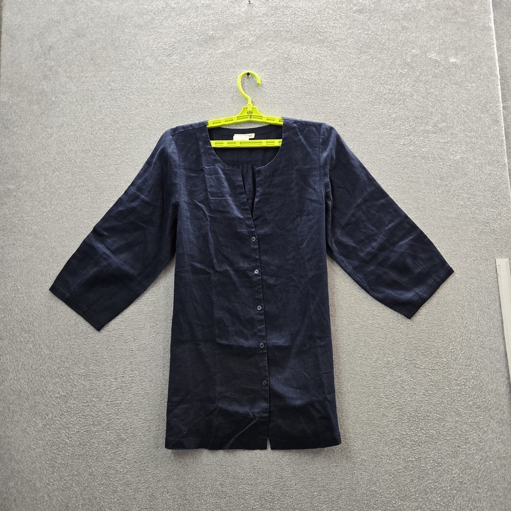 Eileen Fisher Women Blouse XS Blue Button Mandarin Collar Button Front Coastal‎